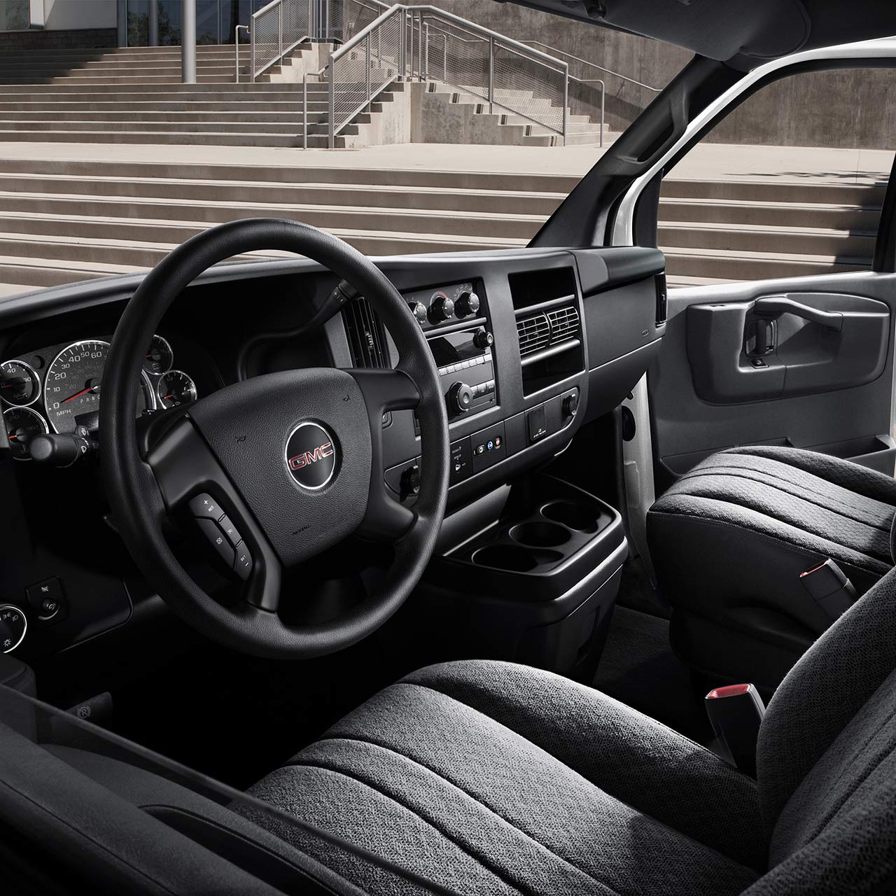 Interior View of the Front Seats in the GMC Commercial Savana Cargo Van