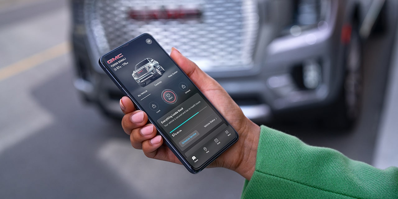 Close-up of a Smartphone Displaying the myGMC Mobile App
