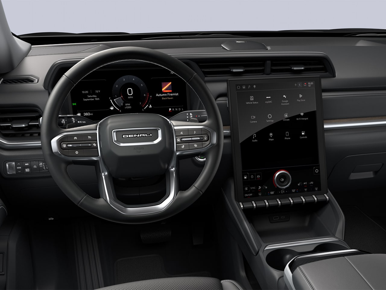Close-up of the Diagonal Premium GMC Infotainment System, Steering Wheel, and Dashboard in the 2026 GMC Terrain