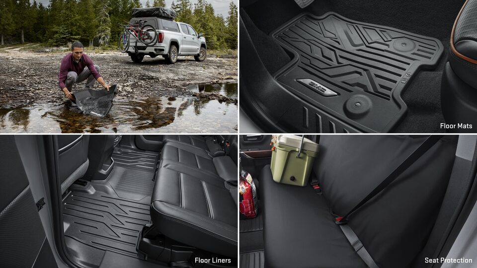 Multiple views of an accessorized truck with people nearby and text overlays “floor mats, floor liners, and seat protection."