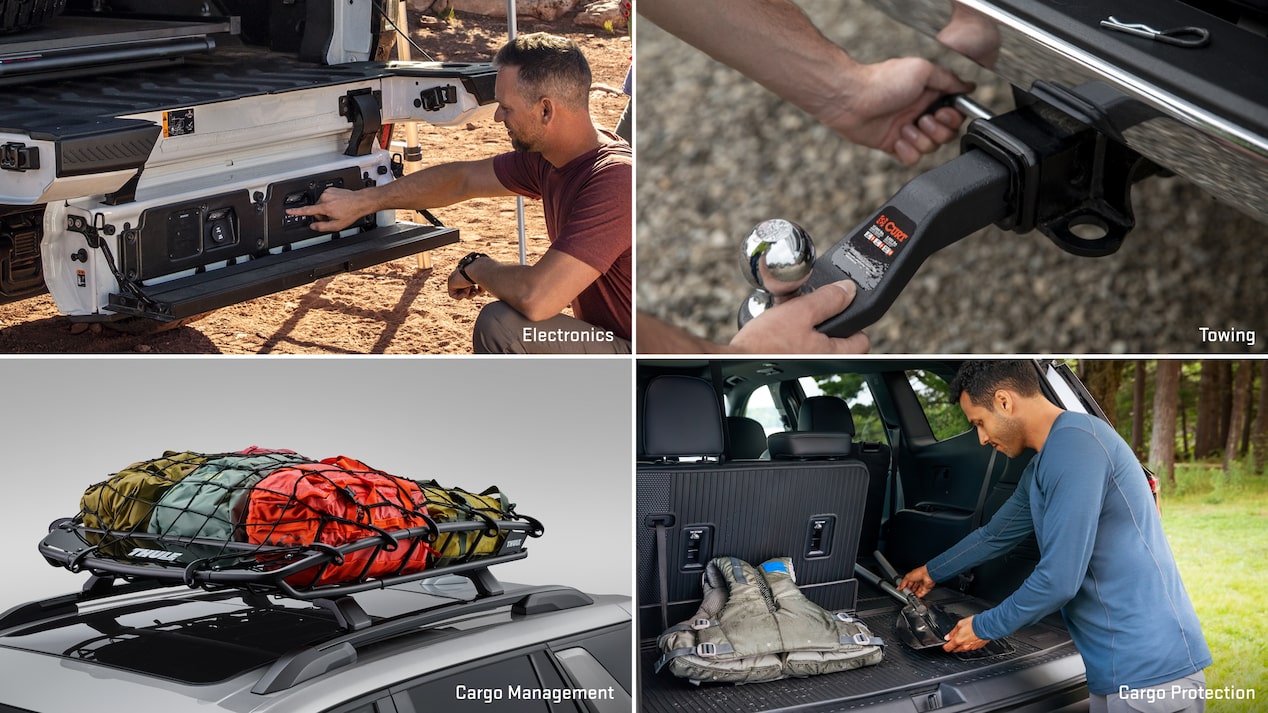 Multiple views of accessorized vehicles with people nearby and text overlays “trailering, bed covers, assist steps, and bed utility.”
