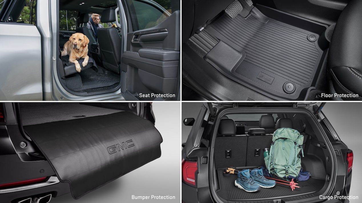 Multiple views of accessorized vehicles and text overlays “seat protection, floor protection, bumper protection, cargo protection”