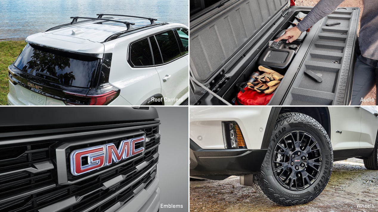 Multiple views of accessorized vehicles with people nearby and text overlays “cargo protection, trailering camera, trailering package, and tailgate audio.”