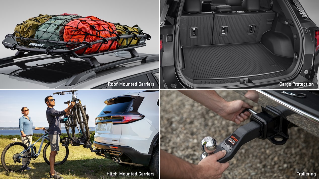 Multiple views of accessorized vehicles and text overlays “roof-mounted carriers, cargo protection, hitch-mounted carriers, and trailering”.