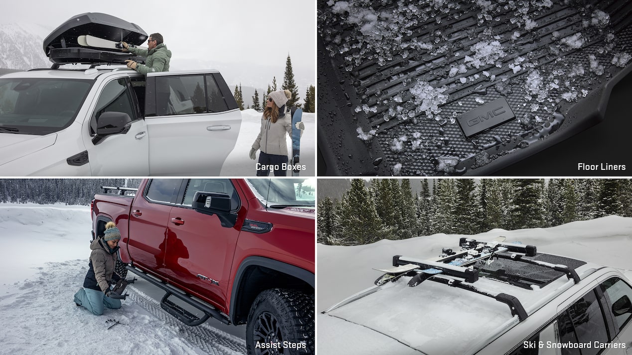Multiple views of accessorized vehicles and text overlays “cargo boxes, floor liners, assist steps, and ski & snowboard carriers.”