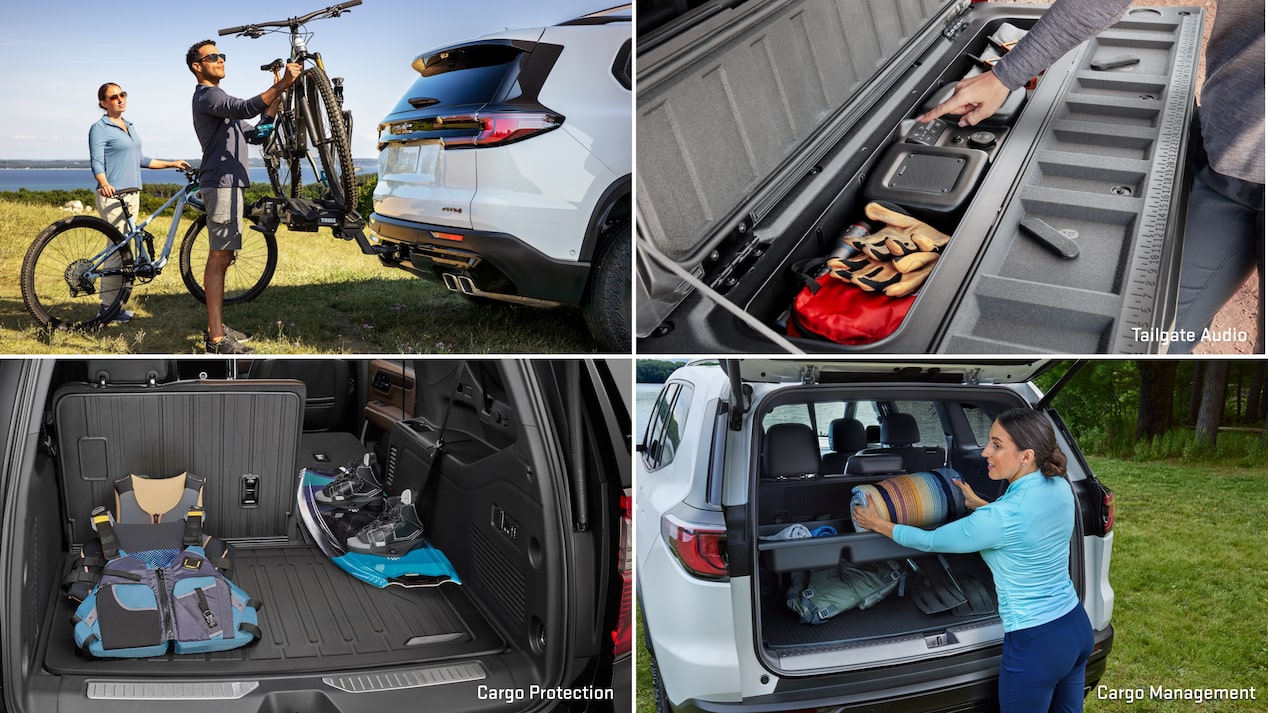 Multiple views of accessorized vehicles and text overlays “floor liners, cargo protection, bed covers and assist steps”.