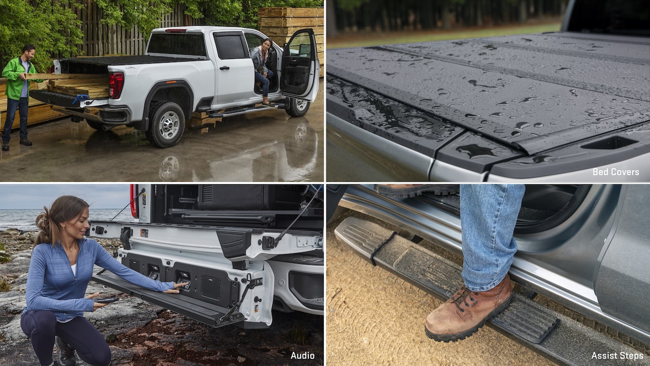 Multiple views of accessorized vehicles and text overlays “bed covers, audio, assist steps.”