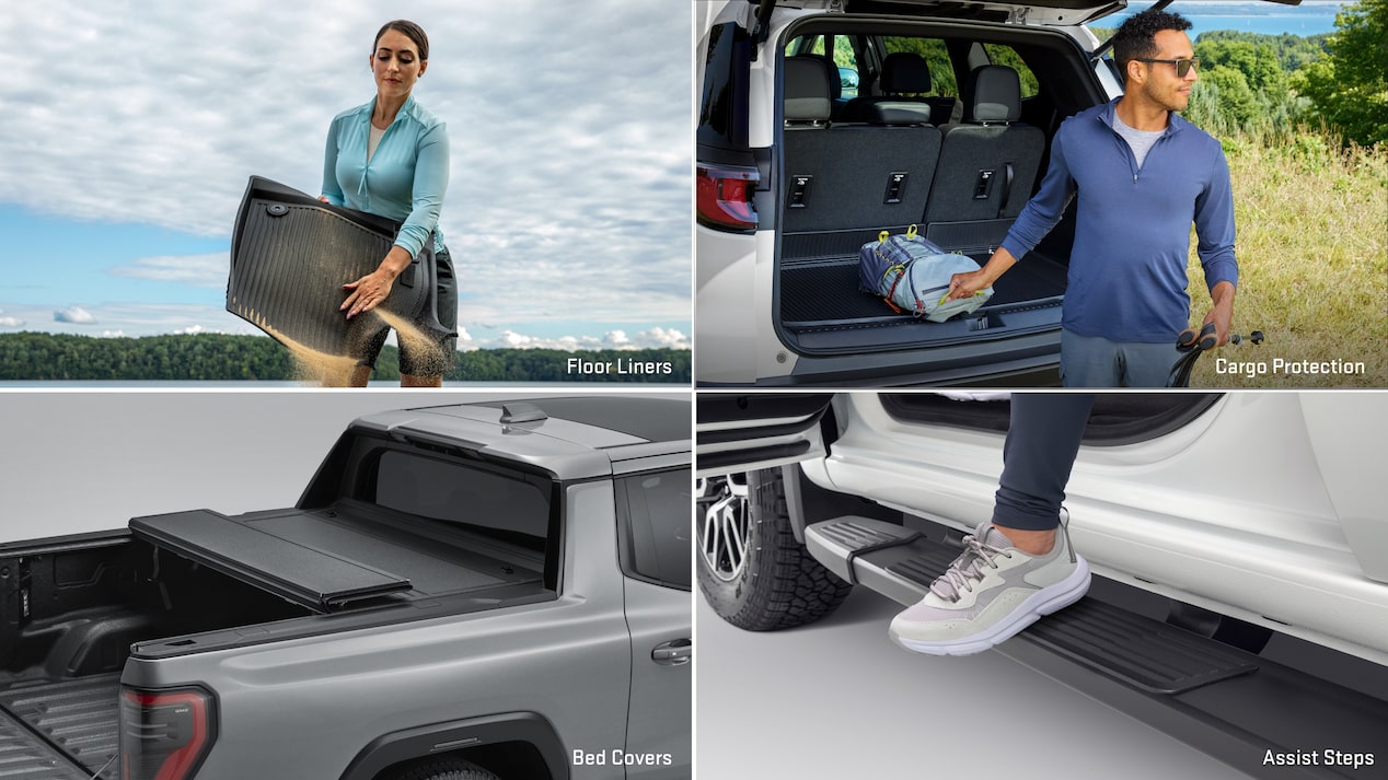 Multiple views of accessorized vehicles and text overlays “floor liners, cargo protection, bed covers and assist steps”.