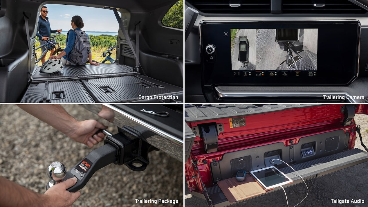 Multiple views of accessorized vehicles with people nearby and text overlays “cargo protection, trailering camera, trailering package, and tailgate audio.”