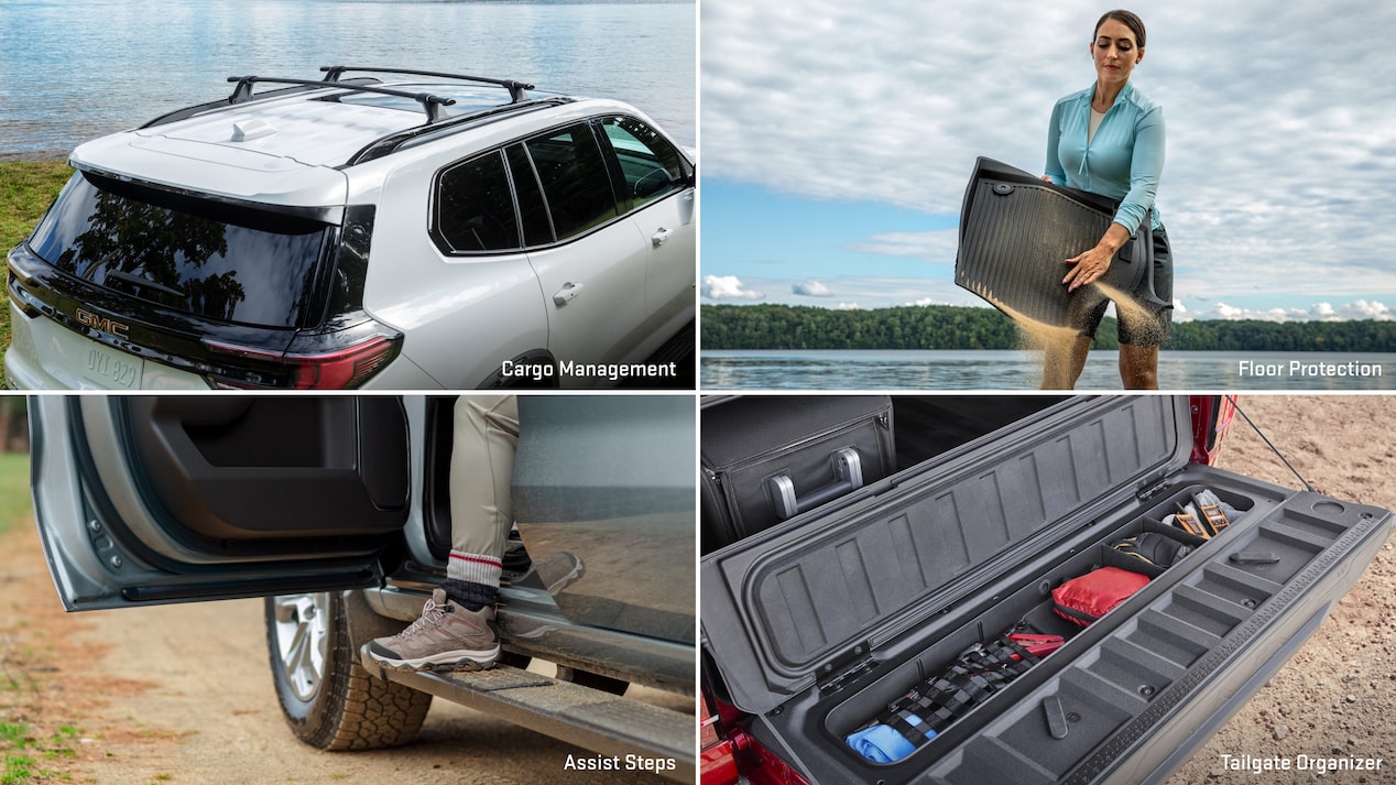 Multiple views of accessorized vehicles with people nearby and text overlays “cargo management, floor protection, assist steps, and tailgate organizer.”