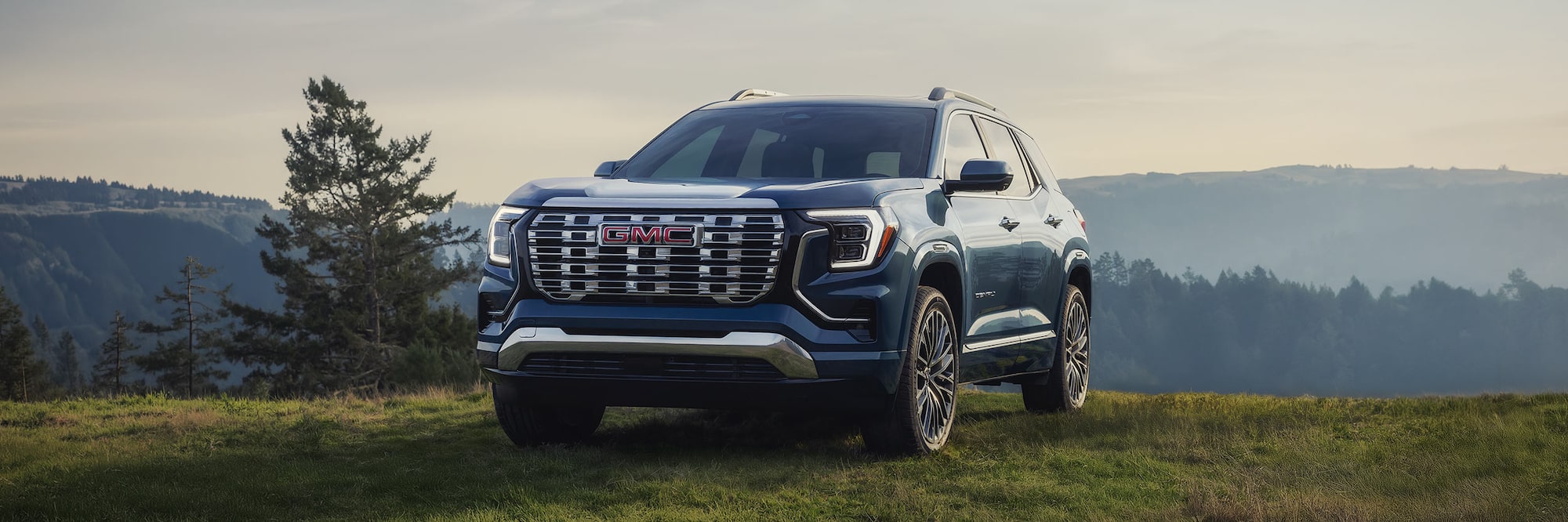 Front Three-quarters View of a Dark Blue GMC Terrain SUV Parked on a Grassy Hillside with Mountains and Pine Trees in the Distance