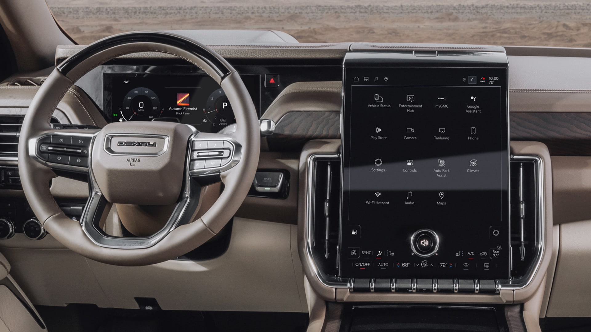 Interior Drivers Side View of the GMC Yukon Steering Wheel and Infotainment Center