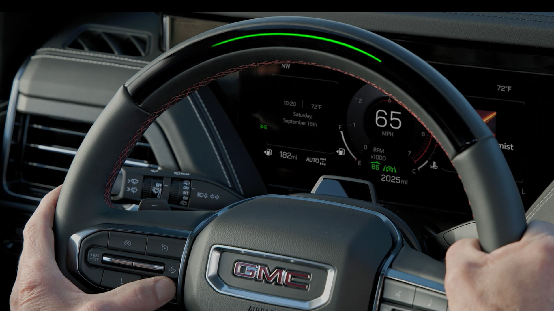 Close-up View of the GMC Yukon AT4 Steering Wheel with the GMC Badging Displayed