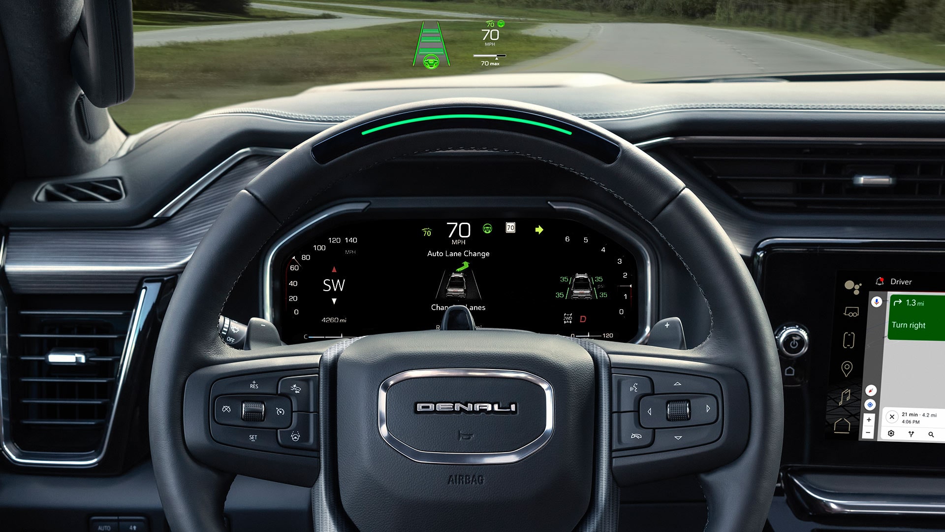 A GMC Denali Steering Wheel Showing Advanced Super Cruise Automatic Lane Change Capability Features