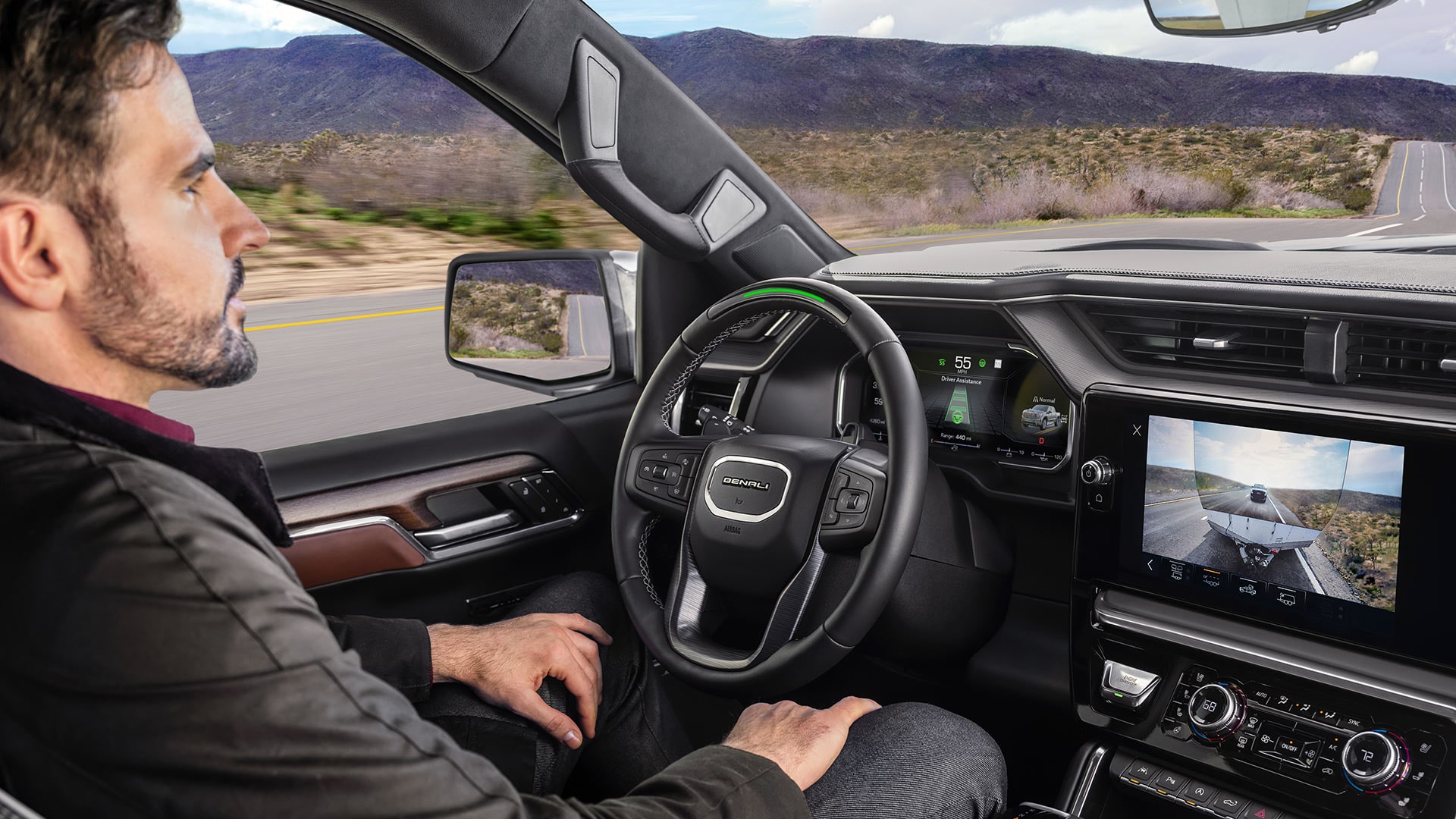 The GMC Denali Interior Showing a Clear Trailering Camera View on the Infotainment Display Screen