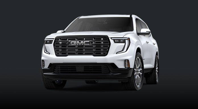 Front Three Quarter View of a White GMC Acadia Denali