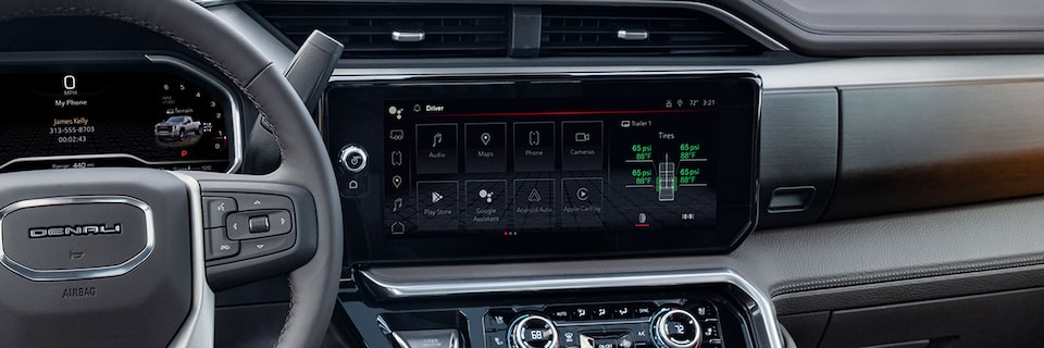 Close-up of the Infotainment Screen in a GMC Sierra HD Denali Ultimate Heavy-Duty Truck