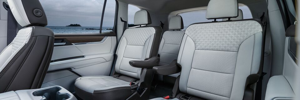 Interior View of the Second and Third Row Leather Seating in the GMC Acadia Mid-Size SUV