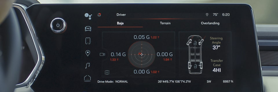 The New GMC Canyon AT4X Infotainment System Displaying the new Standard Off-Road Performance Display