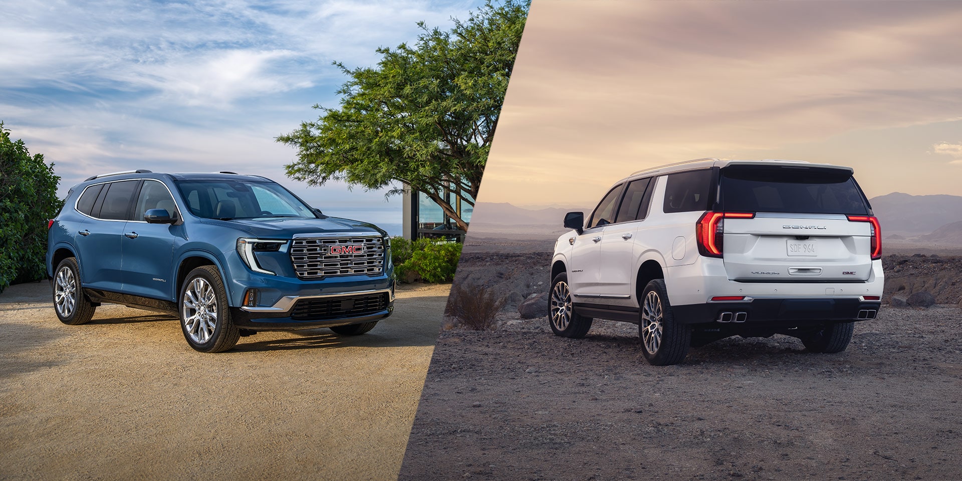 A Blue GMC Acadia and a White GMC Yukon with Bikes on the Rack in Outdoor Settings