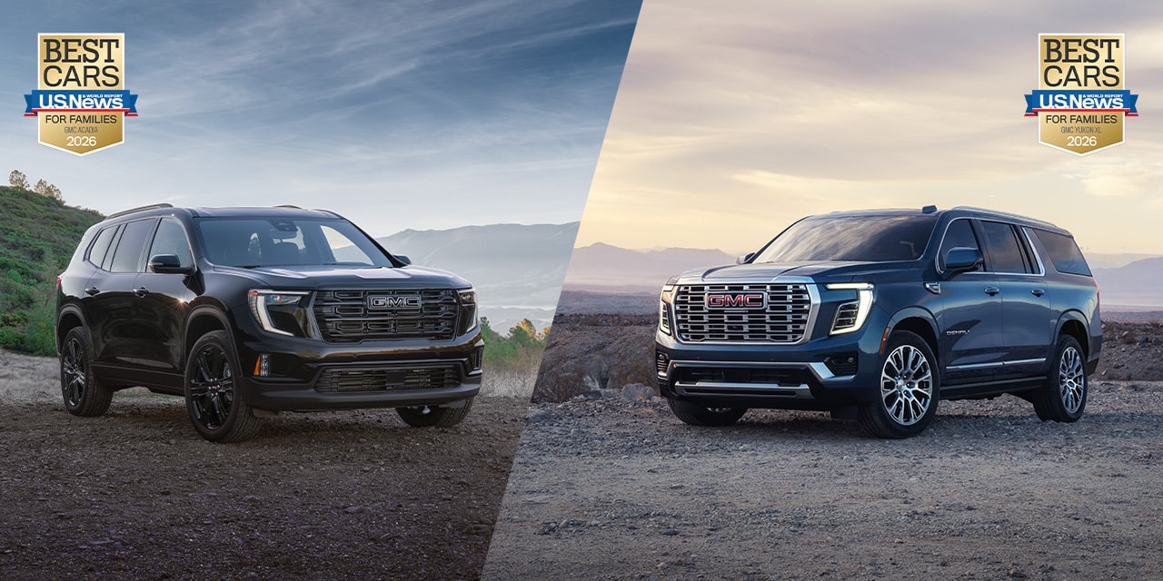 A Dark GMC Acadia and a Dark GMC Yukon Displaying the US News Best Cars for Families 2026 Award Badges