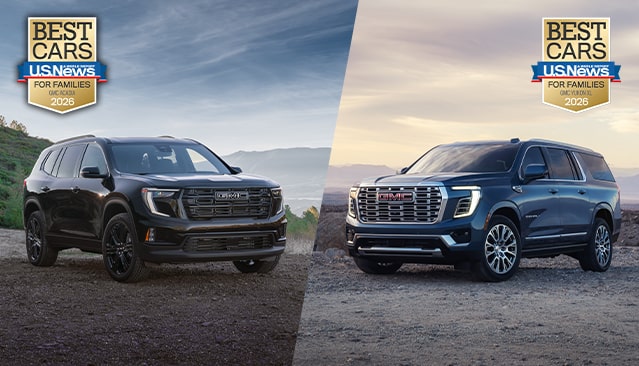 A Dark GMC Acadia and a Dark GMC Yukon Displaying the US News Best Cars for Families 2026 Award Badges