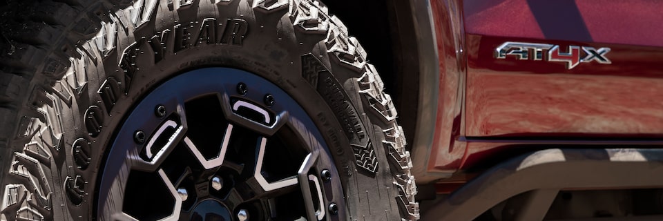 Close-up of the Tire and AT4X Badging on the GMC Canyon Off-Road Pickup Truck
