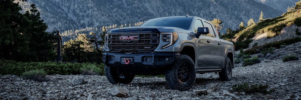 Three-Quarters View of the GMC Sierra AT4X with a Mountain View in the Distance