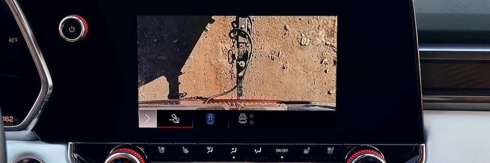 Close-up of the GMC Infotainment Screen Displaying One of the Exterior Camera Views