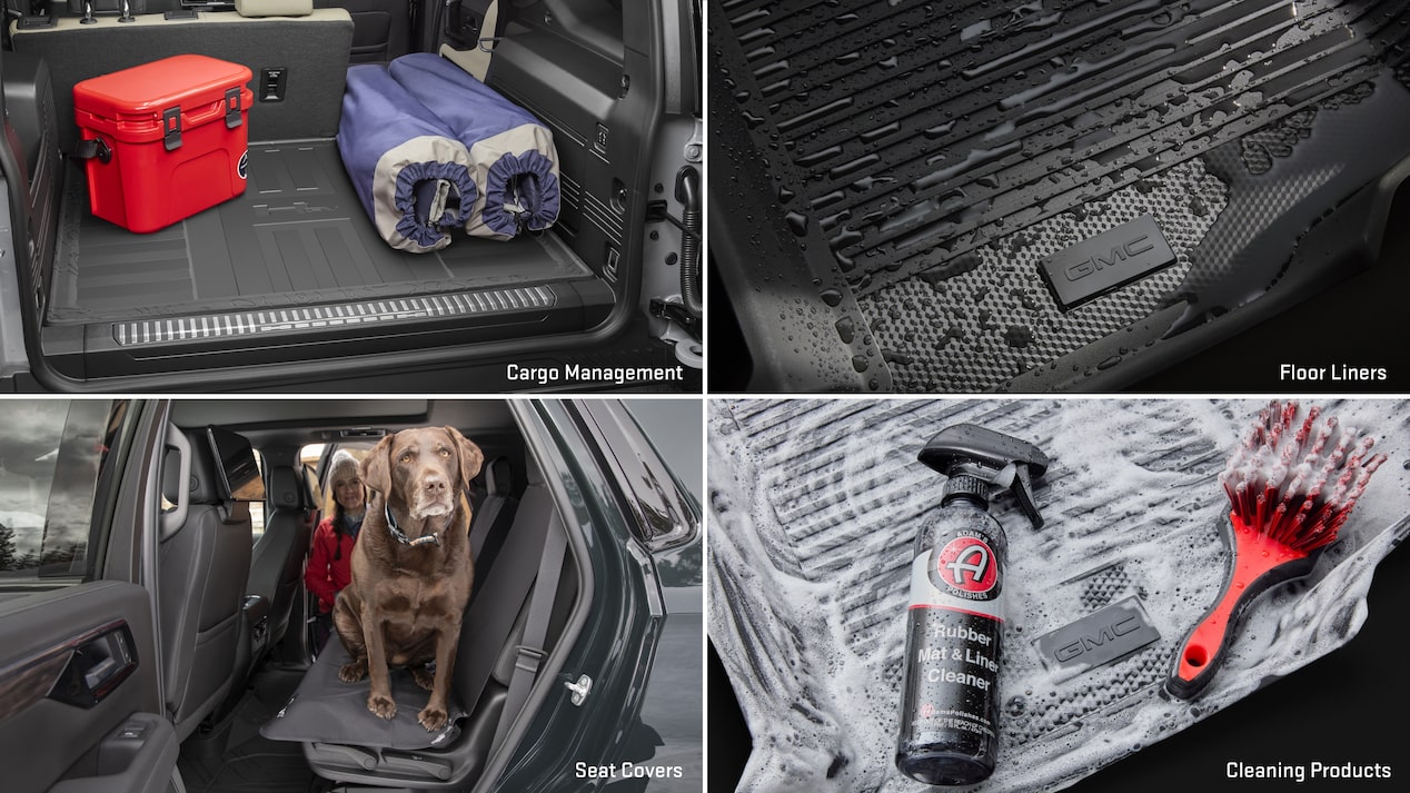 Multiple views of accessorized vehicles and text overlays “exterior cargo management, floor liners, wheels & assist steps."