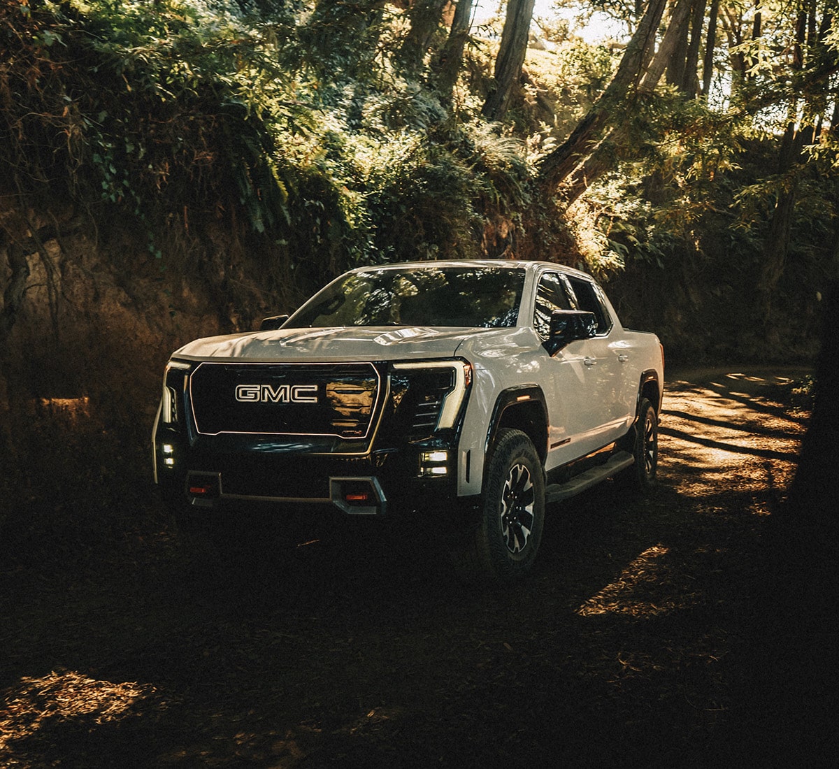 A White GMC Sierra 1500 Truck Is Parked on a Dirt Path Surrounded by Lush Green Foliage and Sun-Dappled Trees in a Forest