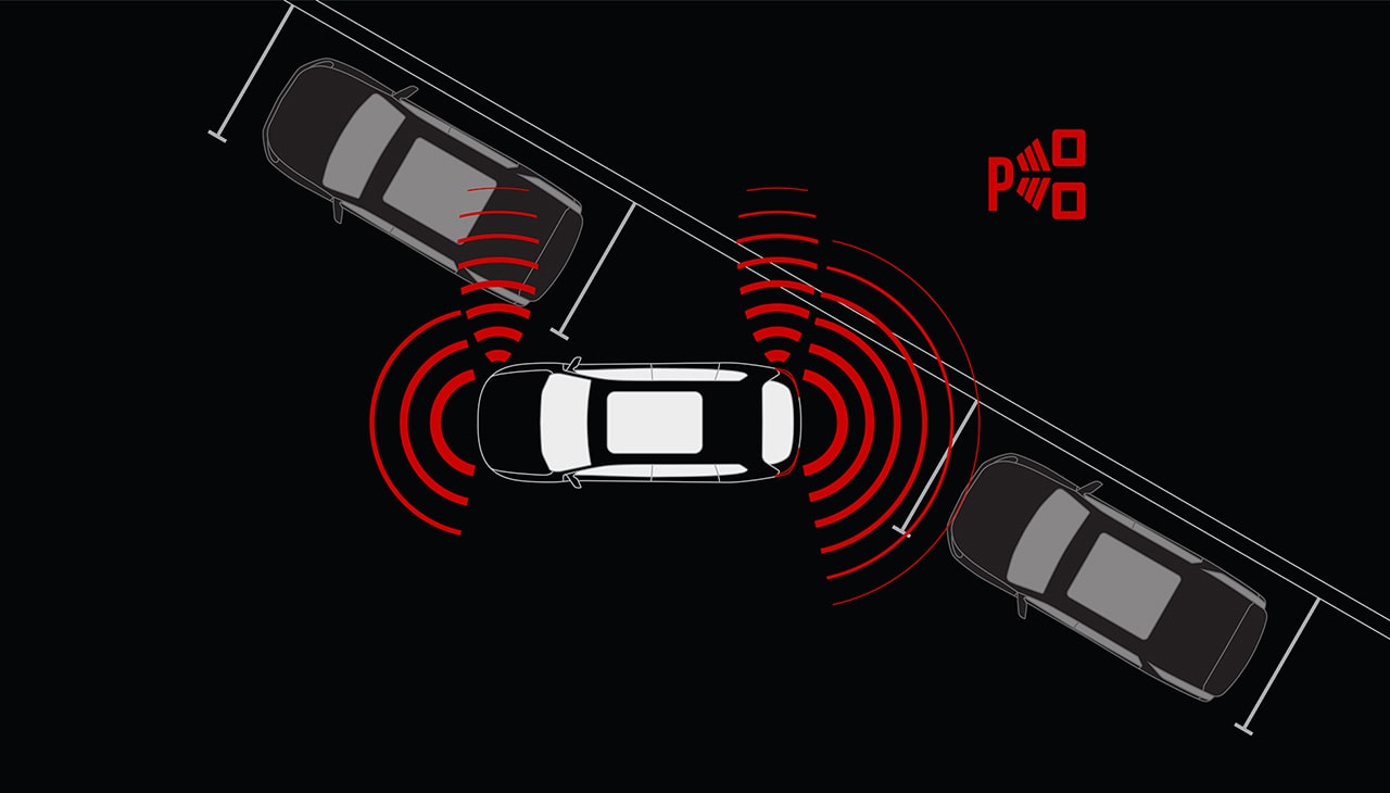 Overhead Diagram of a GMC Vehicle Activating Automatic Parking Assist to Parallel Park between Two Other Cars