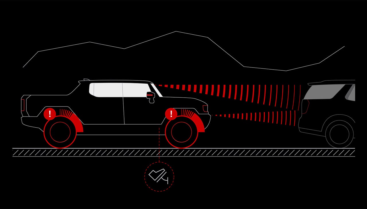 Diagram Illustrating GMC Enhanced Automatic Emergency Braking System Detecting a Vehicle Ahead and Applying Brakes