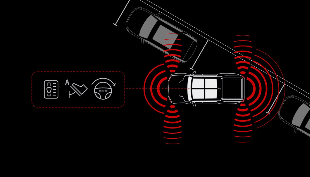 Diagram Illustrating GMC Enhanced Automatic Emergency Braking System Detecting a Vehicle Ahead and Applying Brakes