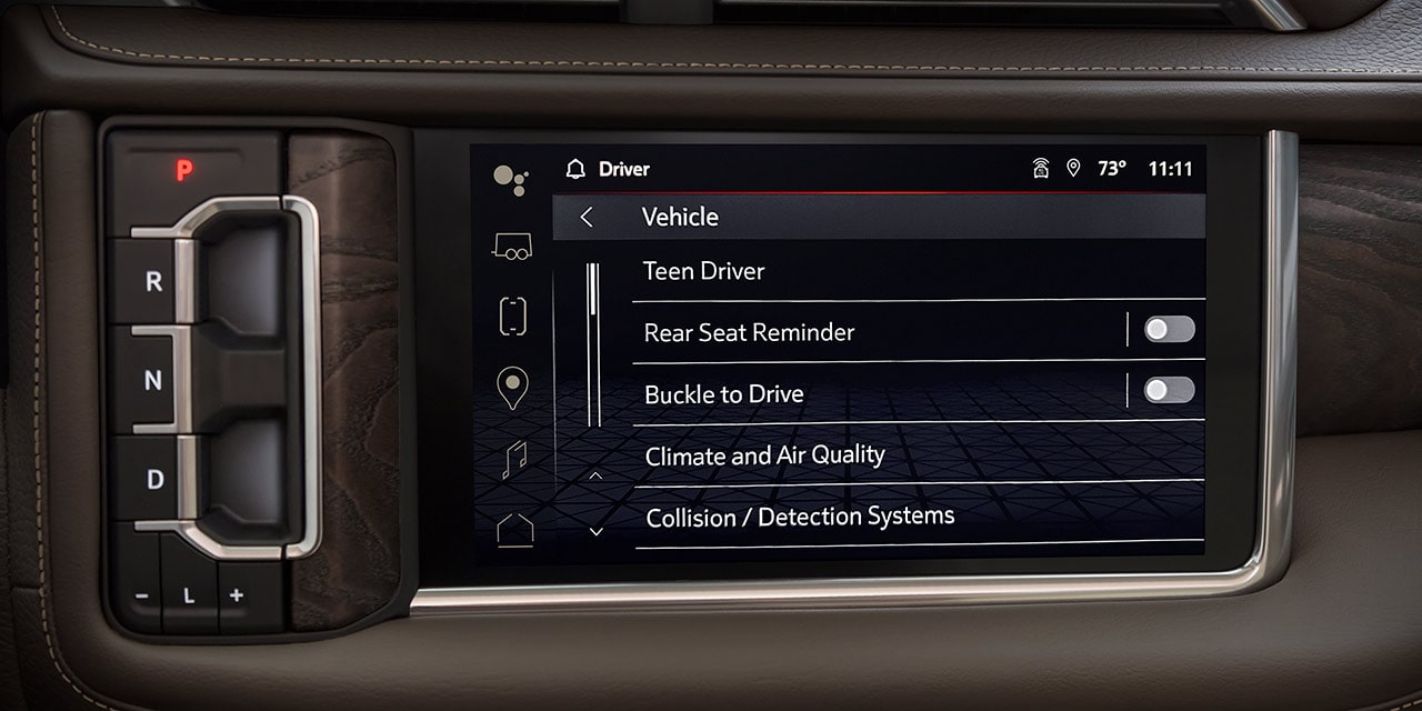 GMC Vehicle Infotainment Screen Displaying the Driver Menu with Teen Driver, Rear Seat Reminder, and Buckle to Drive Options
