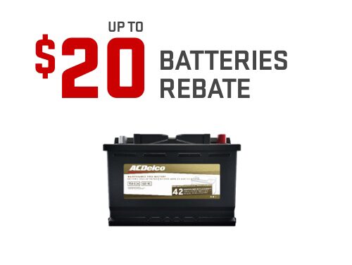 ACDelco Gold Battery with Text "Up To $20 Batteries Rebate"