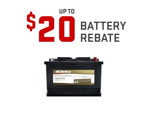 ACDelco Gold Battery with Text "Up To $20 Batteries Rebate"