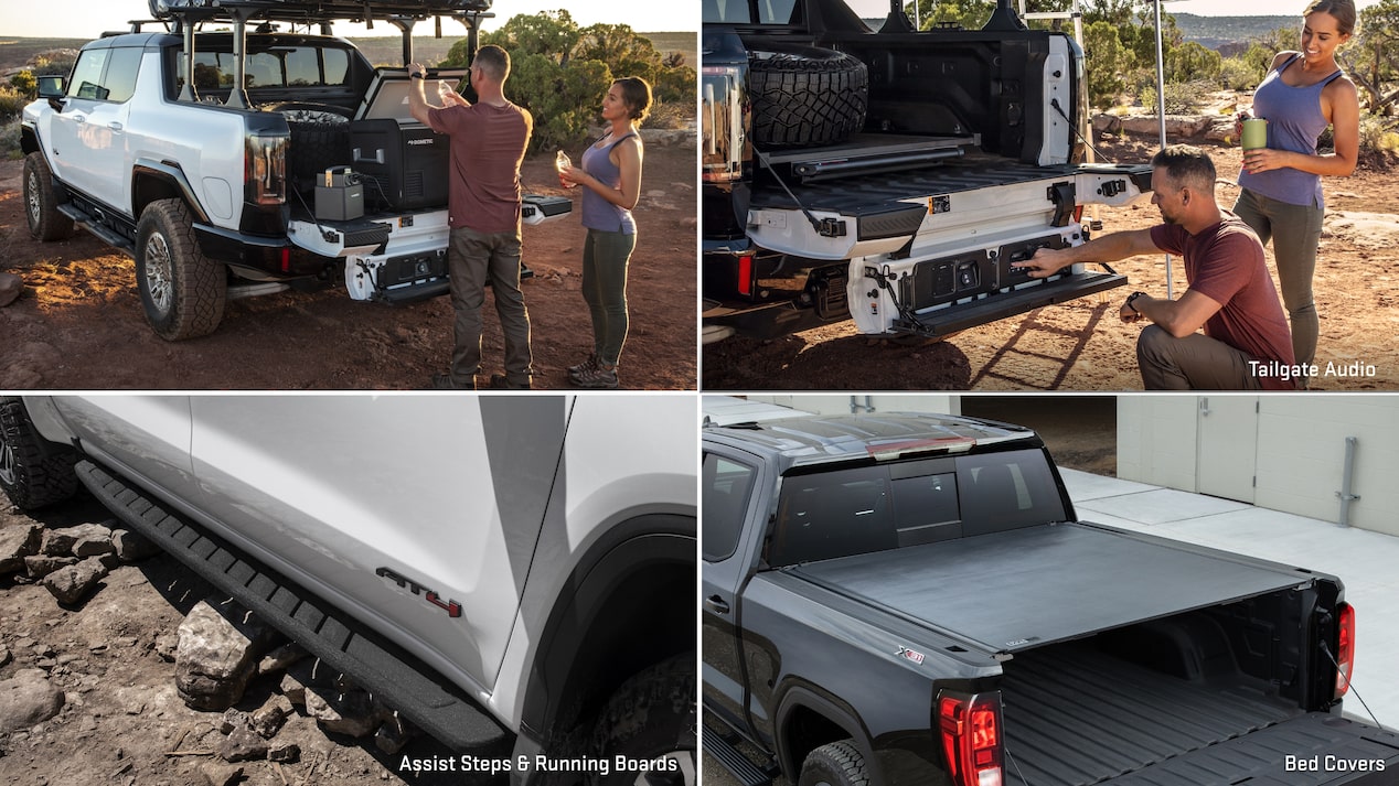 Multiple views of accessorized vehicles and text overlays “tailgate audio, assist steps & running boards, and bed covers."