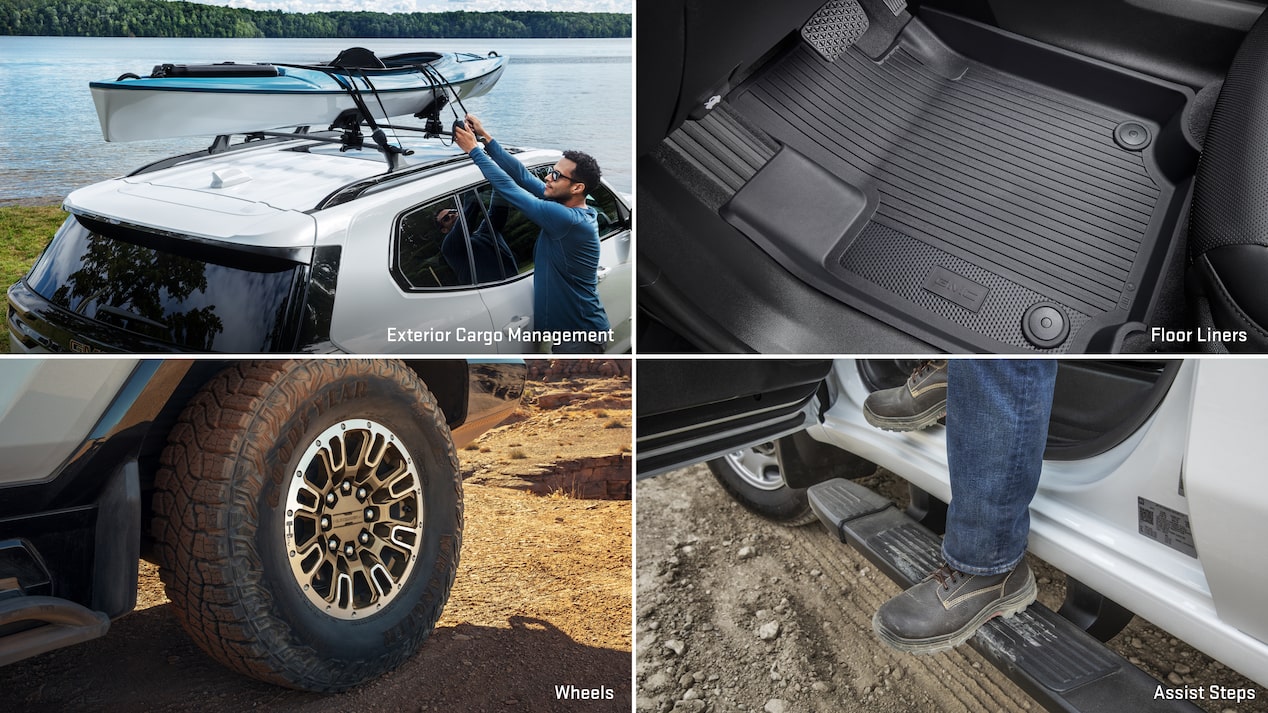 Multiple views of accessorized vehicles and text overlays “exterior cargo management, floor liners, wheels & assist steps."