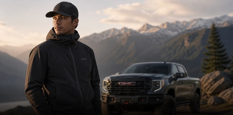 Man standing in front of a black GMC truck with a mountain background
