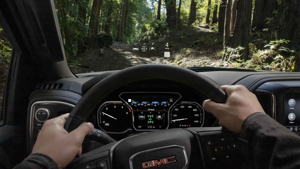 Virtual cockpit in a 2022 GMC Sierra HD AT4 with heads up display