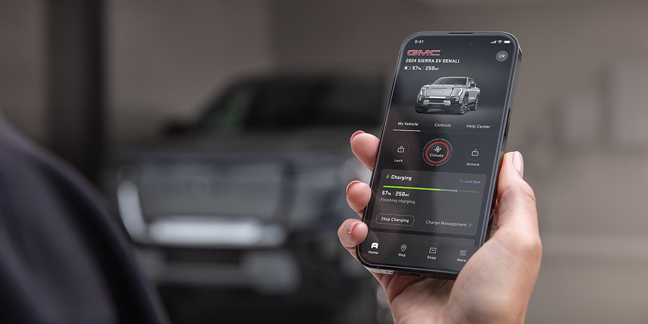 Close-up of a Smartphone Displaying the myGMC Mobile App