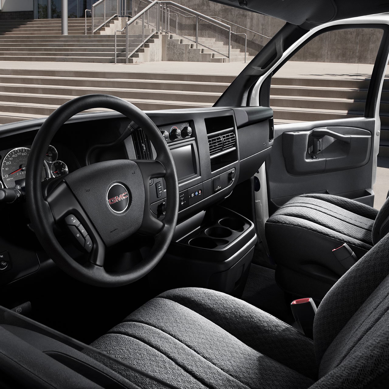 Interior View of the Front Seats in the GMC Commercial Savana Cargo Van