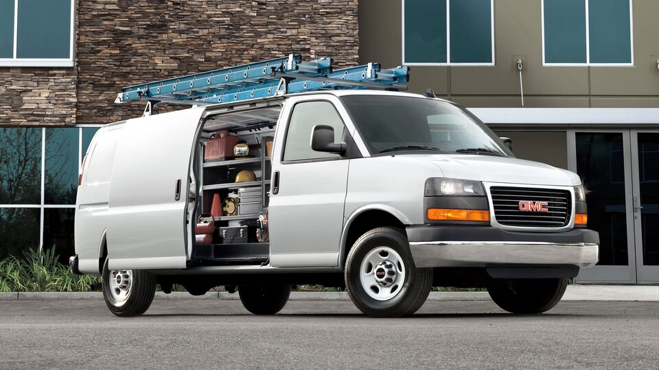 2021 GMC Savana Cargo Van with rear cargo door open