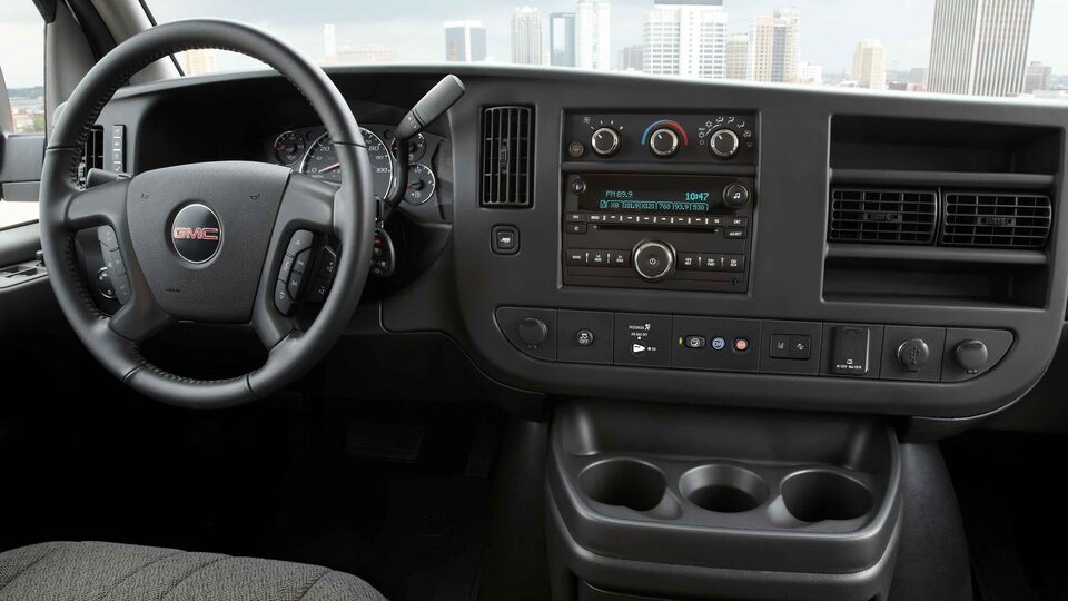 2021 GMC Savana Cargo Van with leather wrapped steering wheel