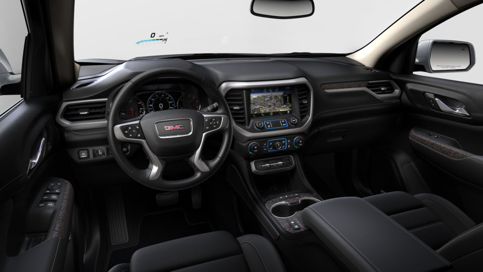 Closeup on the Steering Wheel, Heads-Up Display, and Jet Black Interior of the new GMC Acadia 