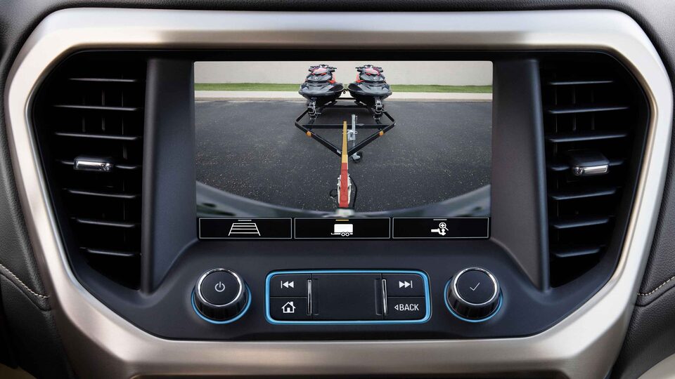 The Infotainment System on the GMC Acadia Displaying the Towing Camera