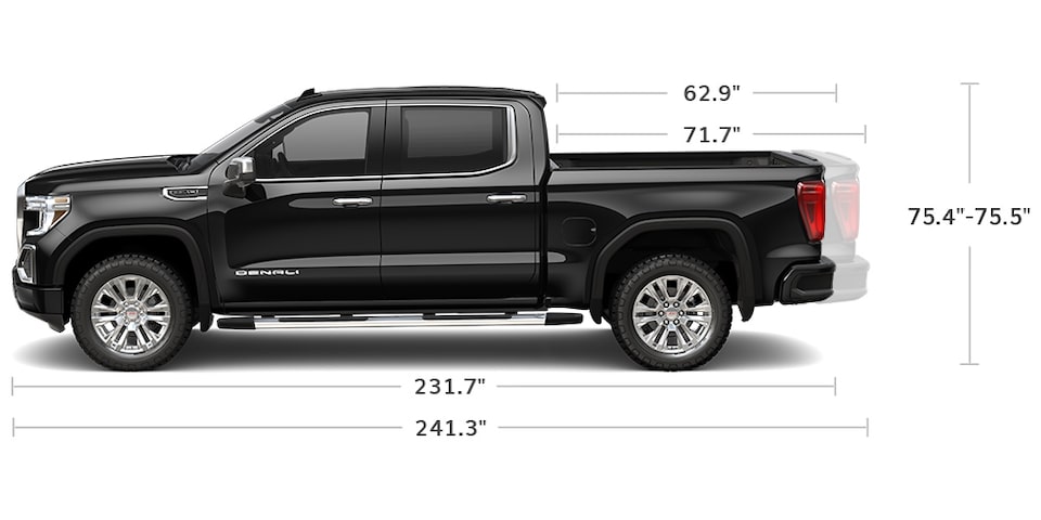 Diagram of exterior dimensions of a 2022 GMC Sierra 1500 Denali truck