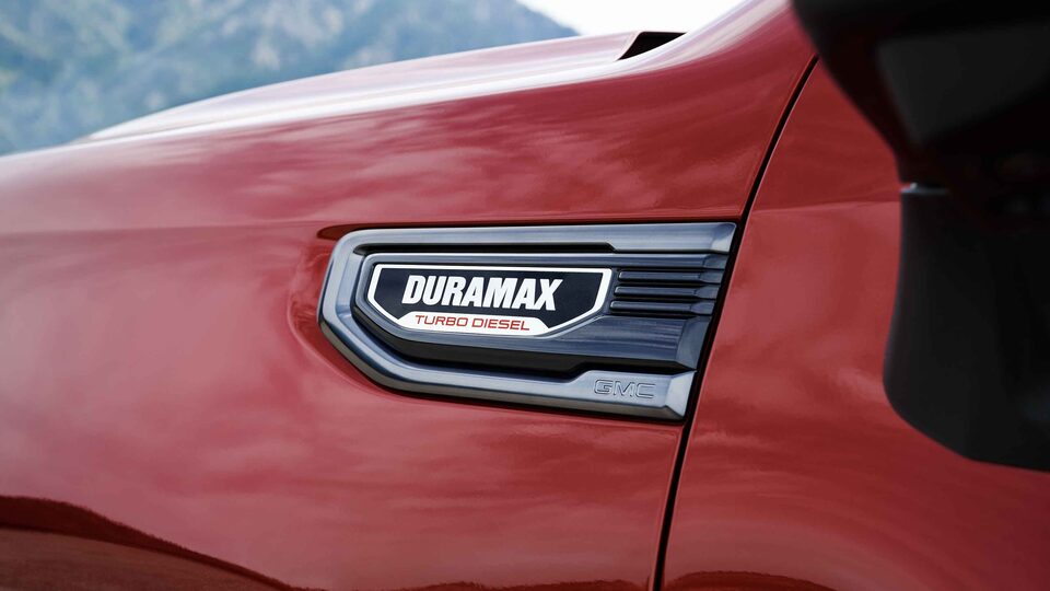 Closeup on Sierra 1500 Diesel Duramax Turbo Diesel Badging