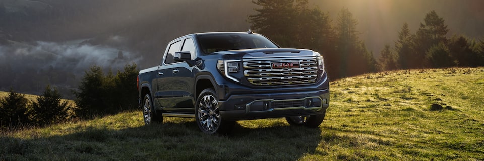 Pacific Blue Metallic GMC Sierra Denali Parked Off-Road on Hill With Trees